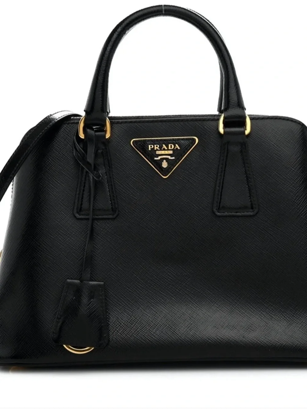 Prada Black Saffiano Leather Satchel tote bag with gold details